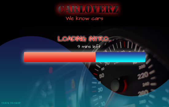 Loading screen for 'CARLOVERZ' with a progress bar showing 9 minutes left, overlaid on a blurred car speedometer background.