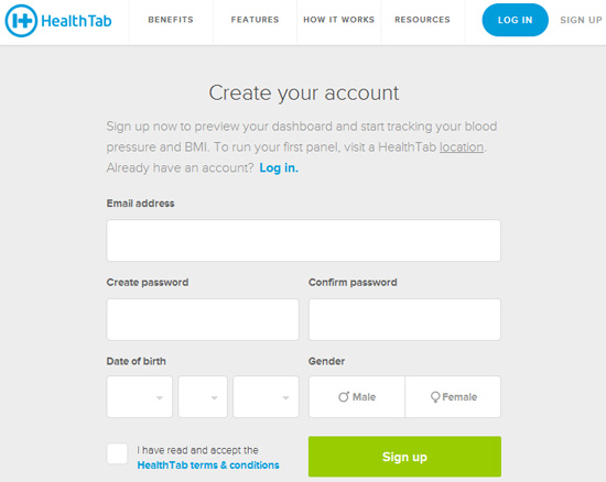 Screenshot of HealthTab account creation webpage with fields for email, password, date of birth, and gender, along with a sign-up button.