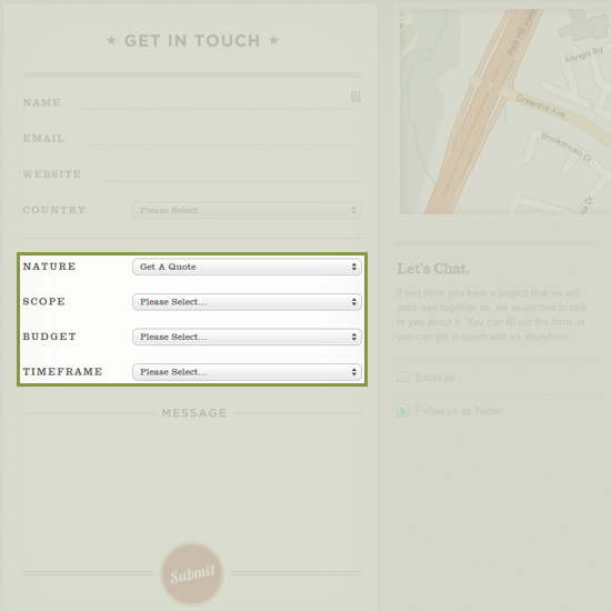 Screenshot of a 'Get in Touch' contact form with fields for personal details and project information, alongside a 'Let's Chat' section with contact details.