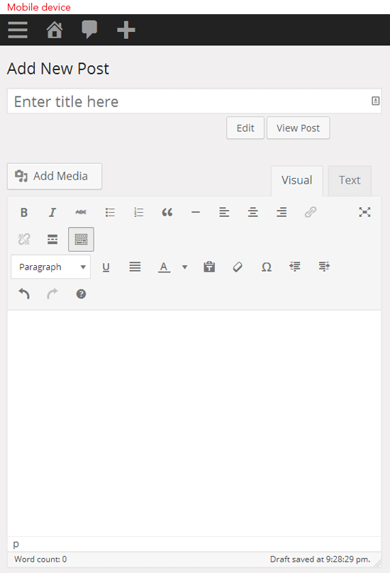 WordPress visual editor viewed in a mobile device.