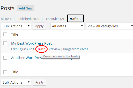 Screenshot of the WordPress admin dashboard displaying the 'Posts' section with options to edit, trash, preview, and purge from cache for a post titled 'My Best WordPress Post.'