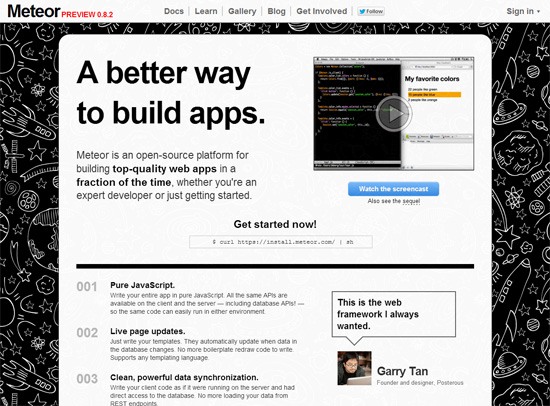 Screenshot of the Meteor website promoting it as a better way to build apps, highlighting features like Pure JavaScript, Live page updates, and Clean data synchronization, with a testimonial from Garry Tan.