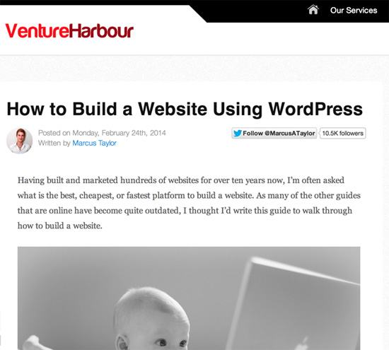 Screenshot of a VentureHarbour blog post on building a website with WordPress, dated February 24, 2014, by Marcus Taylor, featuring a partial black and white photo of a baby.