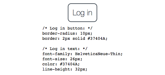 Graphical representation of a 'Log in' button with corresponding CSS code for its style, including border-radius, border style, font-family, font-size, color, and line-height.