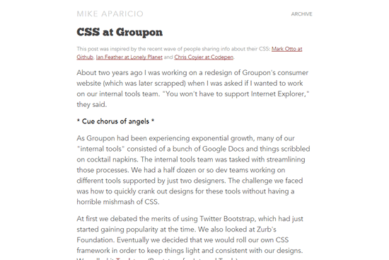 Screenshot of a blog post by Mike Aparicio titled 'CSSS at Groupon' discussing the challenges of redesigning Groupon's website and creating a consistent CSS framework.