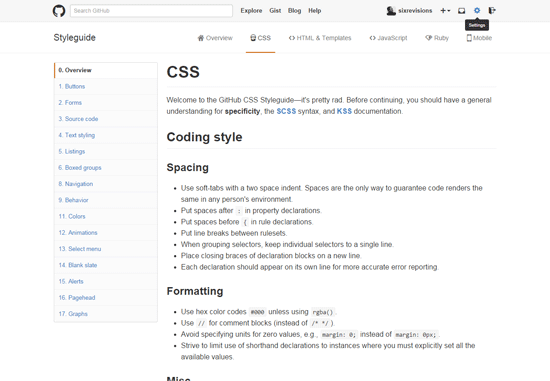 Screenshot of GitHub's CSS Styleguide webpage, displaying coding style guidelines for spacing and formatting with a navigation sidebar on the left.