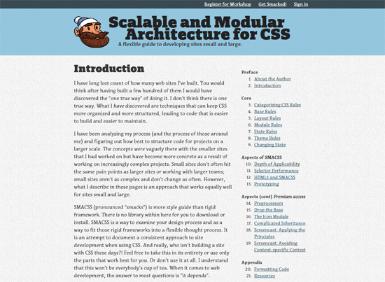 Screenshot of a webpage about Scalable and Modular Architecture for CSS, featuring a header with a logo and title, an introduction section, and a table of contents for different topics related to CSS architecture.