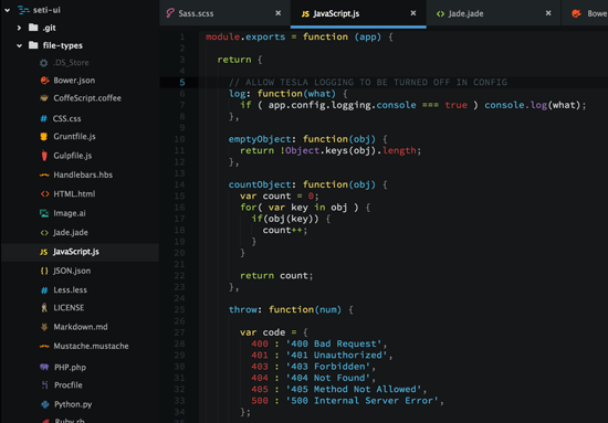 Screenshot of a code editor with a JavaScript file containing module exports of functions and a sidebar with file icons.