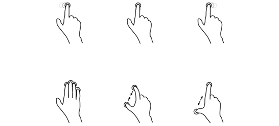 Line drawings of six hand gestures including pointing up with a straight, slightly bent, and more bent index finger, an open hand with fingers extended up, a 'come here' gesture with curled fingers, and a 'thumbs up' sign.