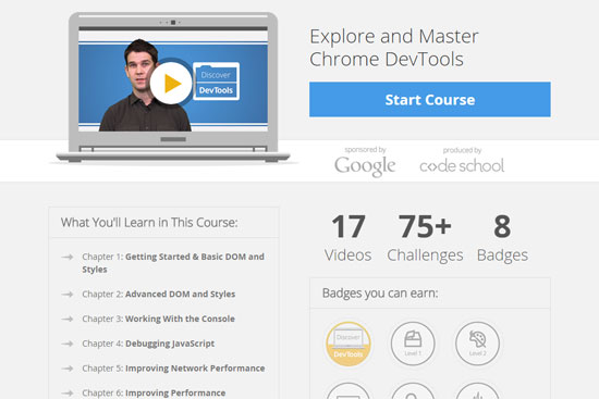 Webpage layout for an online course on Chrome DevTools, featuring a laptop with a presenter, course chapters, and icons indicating 17 videos, 75+ challenges, and 8 badges, sponsored by Google and produced by Code School.