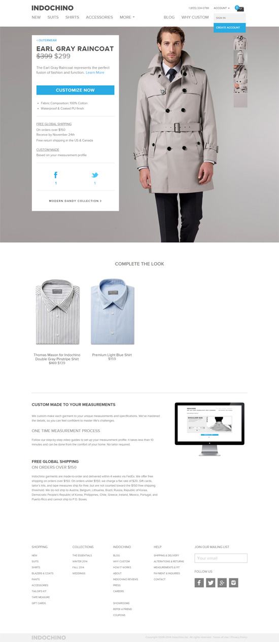 Product page design: Indochino