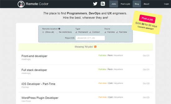 Screenshot of the Remote Coder job listing website with navigation options, a special offer to post a job, and a list of remote job postings for developers and engineers.