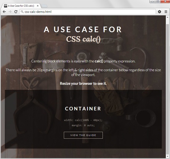 Screenshot of a webpage demonstrating the CSS calc() function, with explanatory text, a container box showing CSS code, and a 'View the Guide' button.