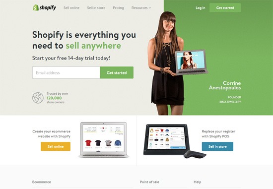 Screenshot of Shopify's homepage promoting their e-commerce platform with a green background, a heading inviting to start a free trial, a testimonial from a founder, and images of devices showing Shopify's interface.