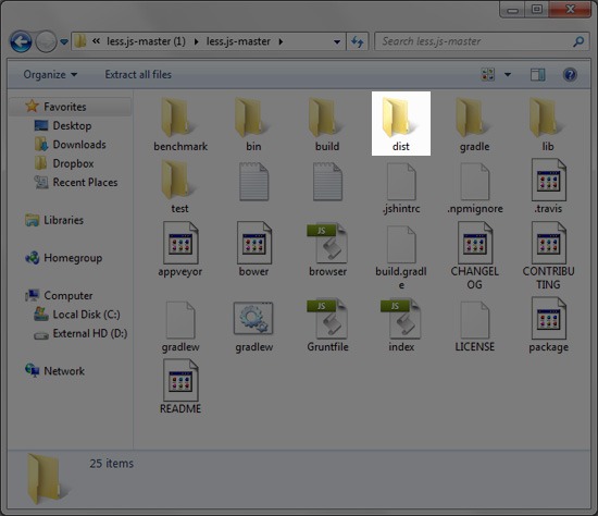 Screenshot of an open folder named 'less-js-master' in a file explorer window, displaying various subfolders and files related to a software project, with the 'dist' folder highlighted.