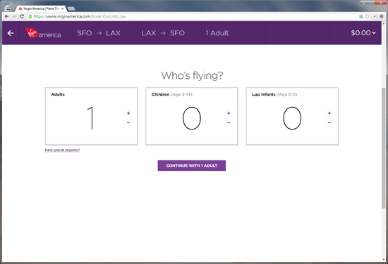 Virgin America user flow for booking tickets