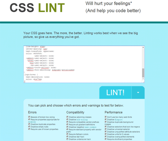 Screenshot of CSS Lint user interface