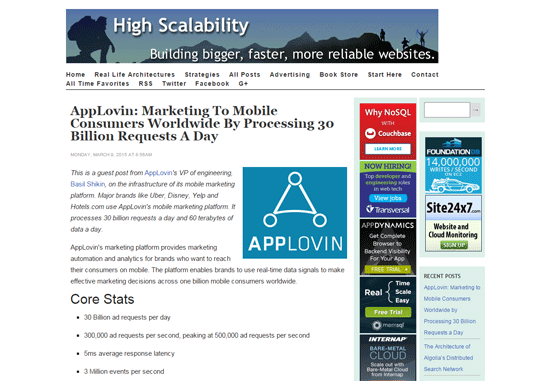 Screenshot of a High Scalability webpage featuring an article about AppLovin's mobile marketing, with core statistics and a sidebar with ads and content links.