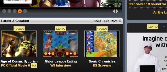 Gamespot's home page with Firefox's Web Developer Extension Images > View Image Dimension option turned on.