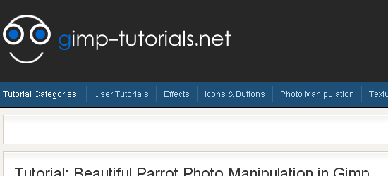 Screenshot of the gimp-tutorials.net website header with logo, navigation bar, search bar, and a tutorial title for 'Beautiful Parrot Photo Manipulation in Gimp.'