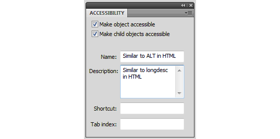 Adobe Flash CS4 Accessibility Panel: adding a text equivalent to a graphic or movie clip