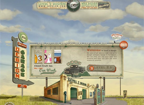 Stylized website design resembling a vintage gas station with 'LEVEL 2 DESIGN' signage, a navigation menu on a marquee sign, and a retro American roadside aesthetic.