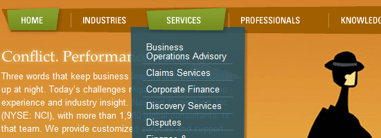 Navigant Consulting navigation menu screen shot.