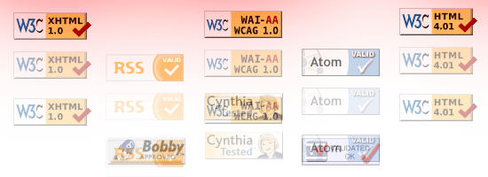 A collection of web standard and validation badges including W3C XHTML 1.0, RSS, WAI-AA WCAG 1.0, Atom, Cynthia Says, Bobby Approved, and HTML 4.01, with some marked as valid.