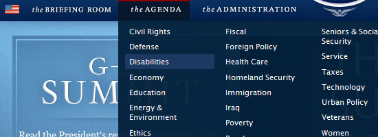 White House navigation menu screen shot.