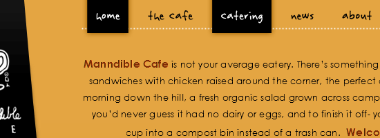 Manndible Cafe navigation menu screen shot.