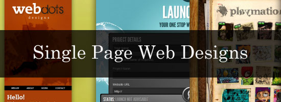 A collage showcasing a variety of single-page web design layouts with different styles, color schemes, and navigation elements, with the text 'Single Page Web Designs' in the center.