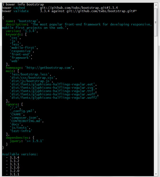 Results of Bower info command