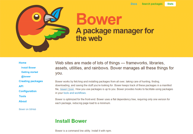 Screenshot of the Bower homepage, featuring a colorful bird logo and the text 'Bower - A package manager for the web.' The page includes sections for Home, Install Bower, Getting started, Creating packages, API, Configuration, Tools, and About, with a description of Bower's functionality and installation instructions.