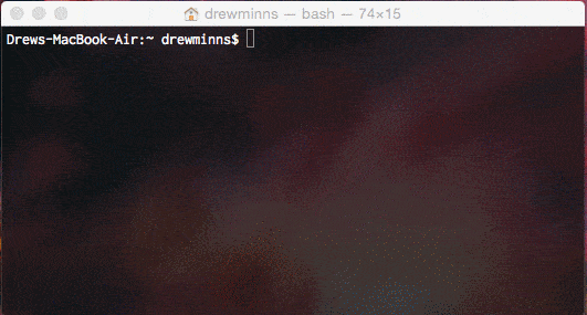 A terminal window on a MacBook Air with the prompt 'Drews-MacBook-Air:~ drewminns$ ' displayed, indicating a user named 'drewminns' is logged in and ready to enter commands.