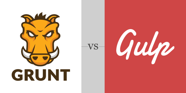 Logos of JavaScript task runners Grunt and Gulp, with a boar's head for Grunt on the left and the word 'Gulp' in cursive on the right, separated by 'vs'.