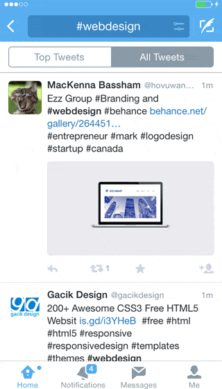 Screenshot of a Twitter feed focused on #webdesign, showing tweets about branding and free web design templates, with links and hashtags.