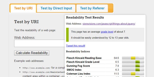 Screenshot of a readability test tool showing results for a web page with an average grade level of about 7, indicating the content should be easily understood by 12 to 13 year olds. Readability indices displayed include Flesch Kincaid Reading Ease, Grade Level, Gunning Fog Score, SMOG Index, and Coleman Liau Index with corresponding scores and bar graphs.