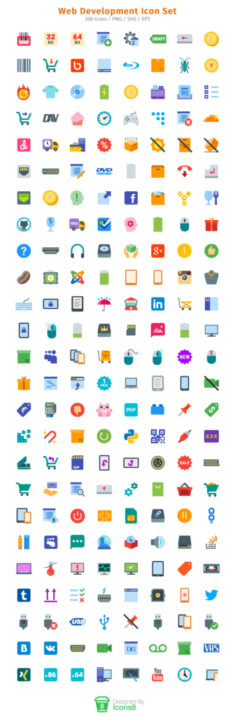 A set of 200 flat design icons for web development, including representations of programming languages, devices, tools, and various web-related symbols, with labels indicating their functions or meanings.