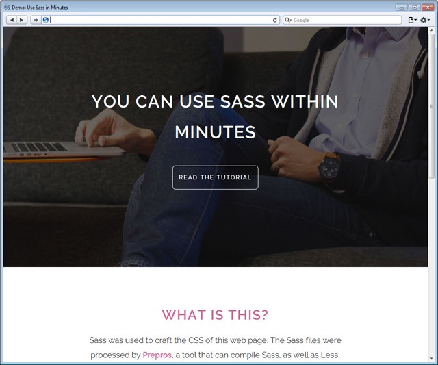 Person using a laptop on a couch with a web page open promoting SASS, featuring a headline 'YOU CAN USE SASS WITHIN MINUTES' and a 'READ THE TUTORIAL' button.