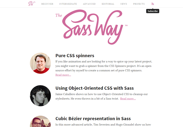 Screenshot of 'The Sass Way' website featuring articles about CSS with titles, descriptions, and author images, with navigation tabs and a subscribe button.