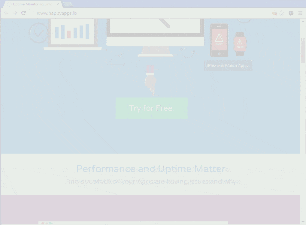 Screenshot of Happy Apps uptime monitoring service webpage featuring a navigation bar, 'Performance and Uptime Matter' headline, 'Try for Free' button, and graphics of a bar chart and mobile devices with alerts.