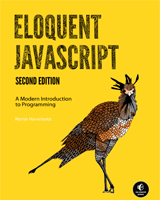 Cover of the book 'Eloquent JavaScript, Second Edition' by Marijn Haverbeke featuring an illustration of a bird with code patterns on its feathers against a yellow background.