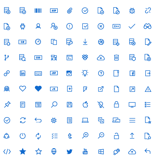 A collection of blue icons and labels representing various technologies, programming languages, and social media platforms, including HTML, CSS, JavaScript, LinkedIn, Twitter, and YouTube, among others.