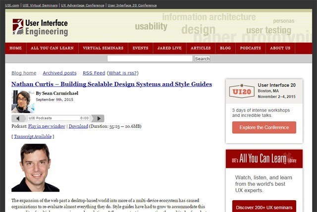 Screenshot of a User Interface Engineering webpage with an article about Nathan Curtis on building design systems, featuring a podcast player and links for a transcript and download, along with advertisements for a UX conference and seminar library.