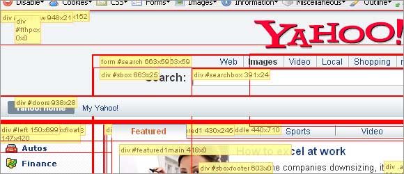 Firefox Web Developer tool - Display Block Size option turned on for Yahoo's home page