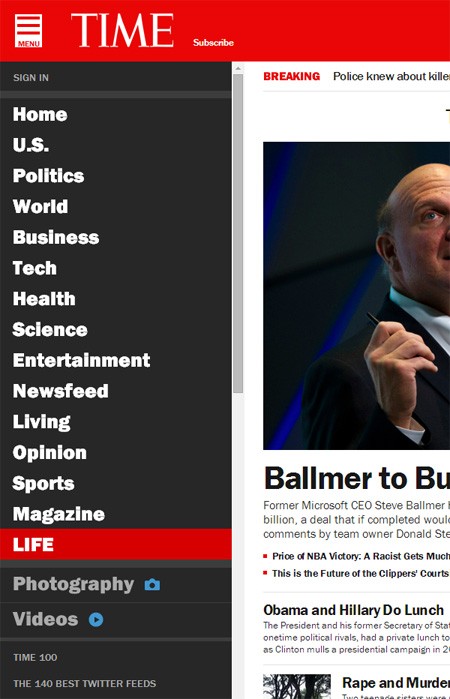 TIME magazine's off-canvas menu
