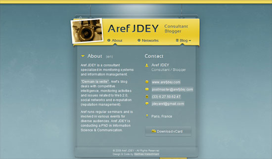 Screenshot of Aref JDEY's professional website with sections for About and Contact information, featuring a digital camera graphic and details of his consulting and blogging expertise.