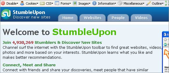 StumbleUpon's Homepage before CSS is turned off