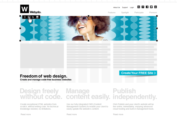 Screenshot of Webydo website interface promoting code-free web design with a smiling person in the banner, navigation options, and a 'Create Your FREE Site' call-to-action button.