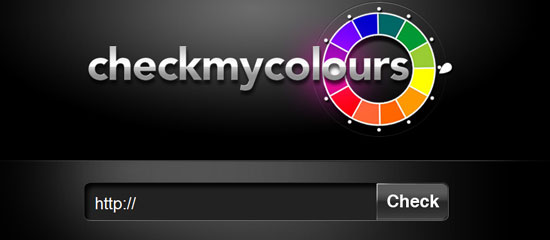 Logo of 'checkmycolours' with a color wheel, an input field with 'http://' and a 'Check' button.